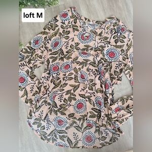 LOFT Peach Floral Long-Sleeve Blouse M